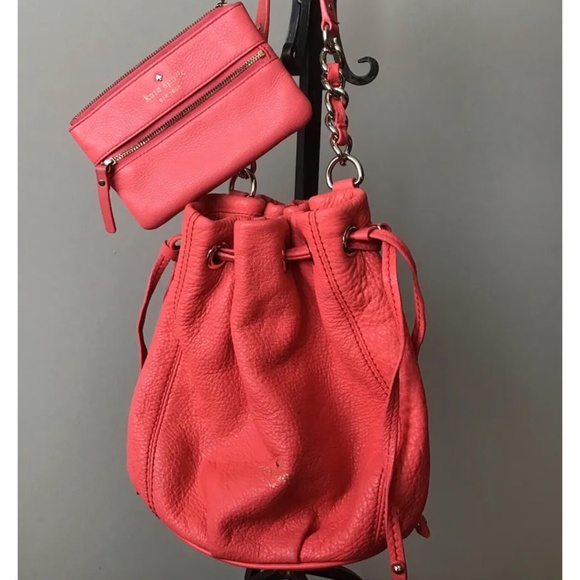 kate spade Handbags - KATE SPADE Drawstring Coral color Pebbled Leather Bucket Bag wallet